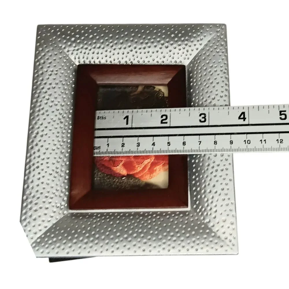 Silver Metal Hammered Pebbled Photo Frame W/ Wood Border 5x6 Photo 2x3 VTG Fetco